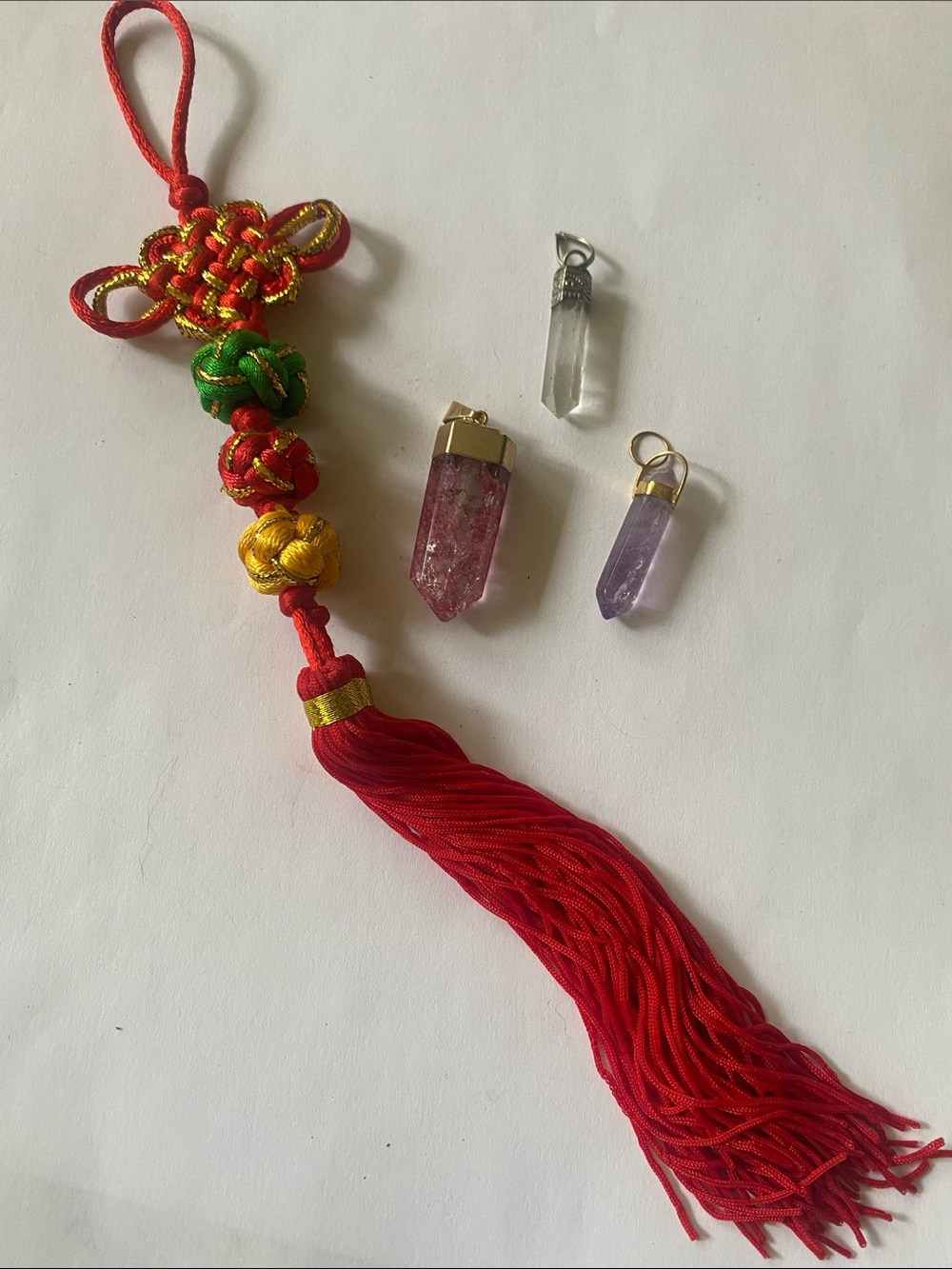 Red Silk Tassel Charm with Multicolor Knots and Crystal Pendants